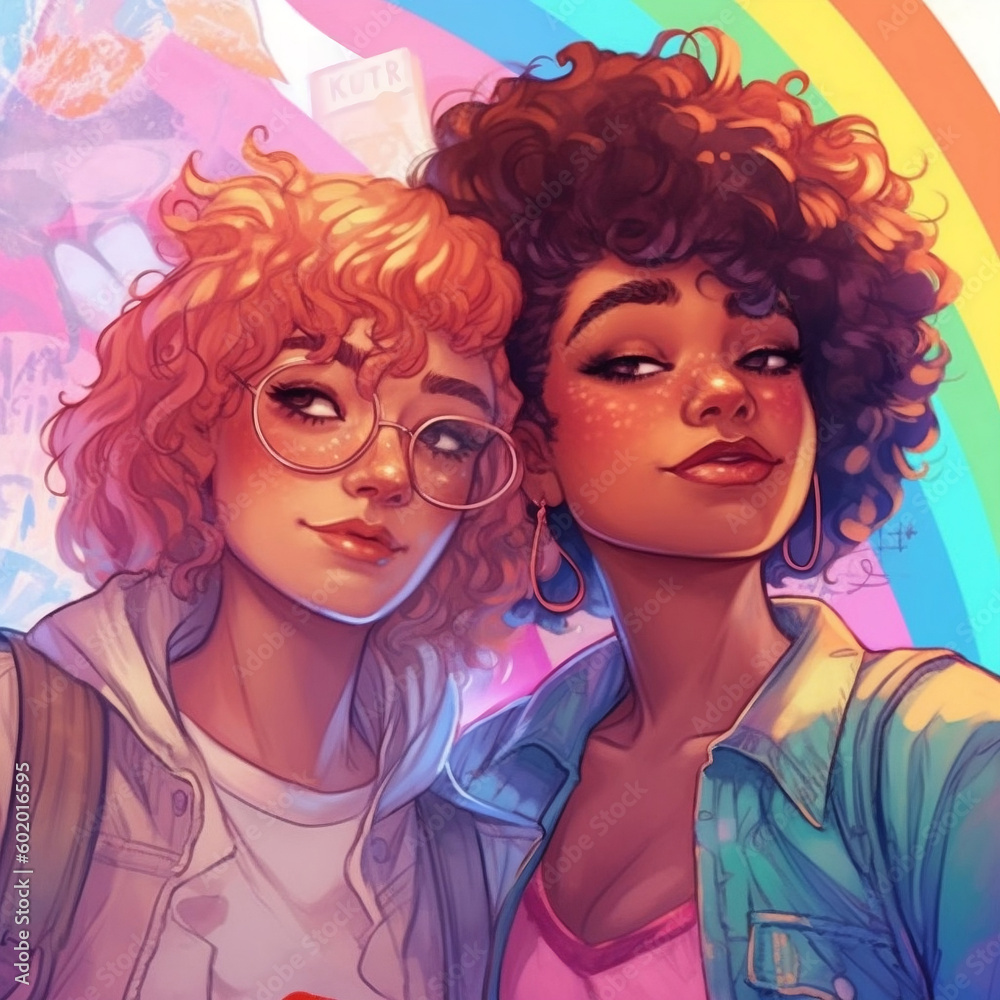 A cartoon of two girls with the word lgbtq love on their face. Pride month. Generative AI