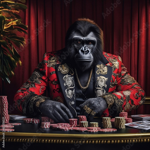 A gorilla sits at a poker table in a red suit with a gold chain around his neck Generative AI