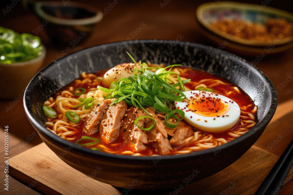 Spicy ramen with sliced pork, a soft-boiled egg, and green onions