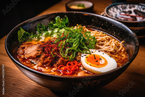 Spicy ramen with sliced pork, a soft-boiled egg, and green onions