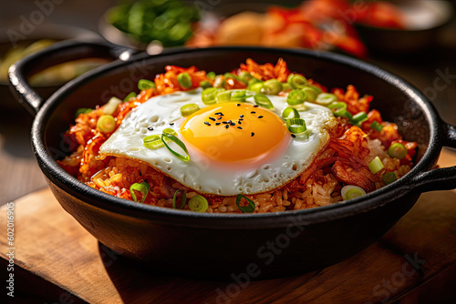 Spicy kimchi fried rice with fried egg and green onions