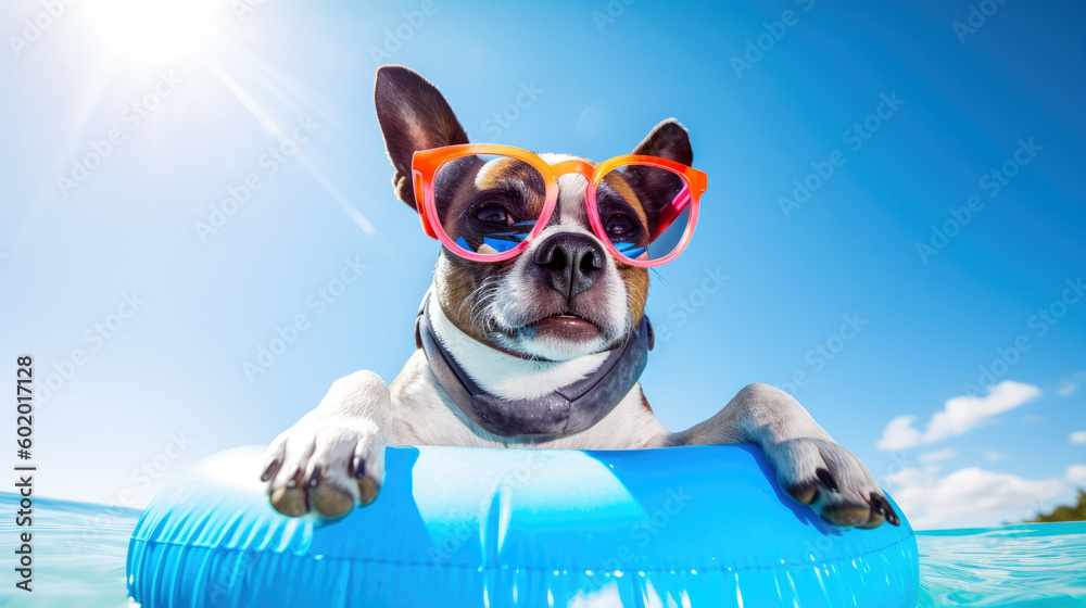 Happy dog with floating ring and sunglasses, generative ai