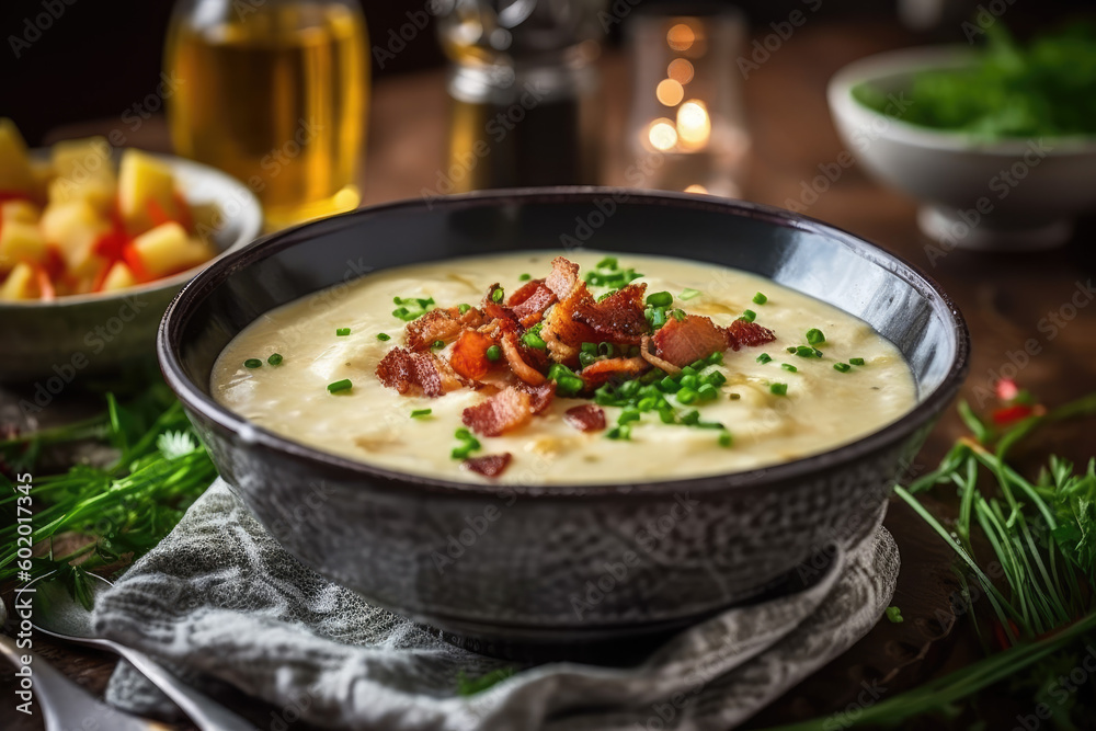 Bowl of creamy potato soup with bacon and chives