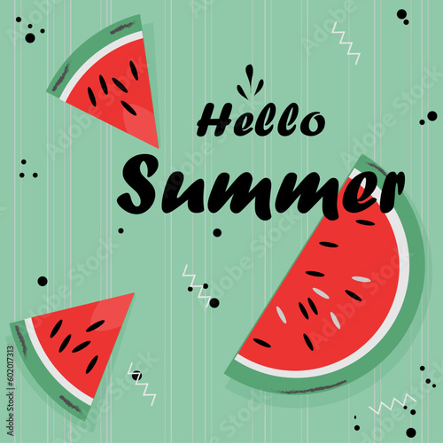 Hello summer green card with watermelon vector illustration 