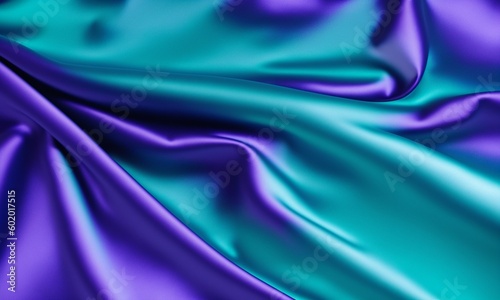 Silk satin. Gradient. Wavy folds. Shiny fabric surface. Beautiful purple teal background with space for design (Generative AI)
