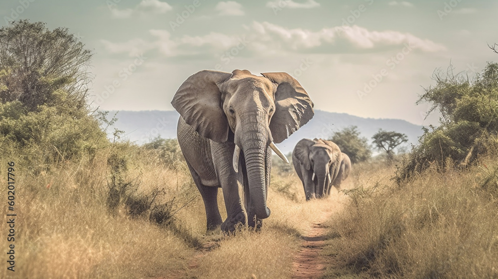 Fototapeta premium Elephants walking on a dirt road