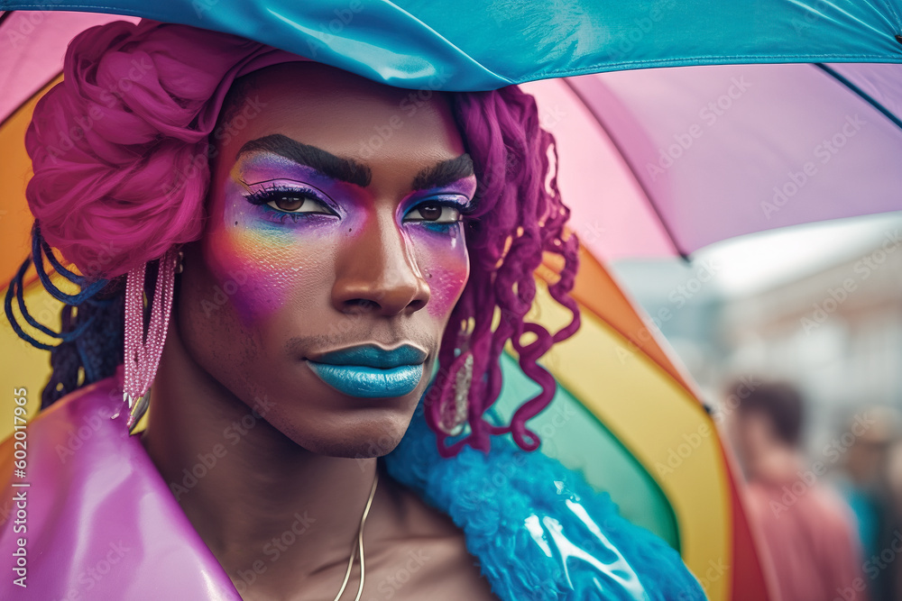 Fototapeta premium A young genderqueer person proudly displays their identity with colorful body paint at the dynamic LGBT rally, challenging societal norms and embracing self-expression. Generative AI.