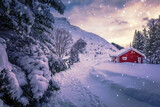 Winter wonderland in the Lofoten Islands. Winter's Tale during sunset. Red Norway cottage in a beautiful snow forest. Concept of an ideal resting place. Creative image.