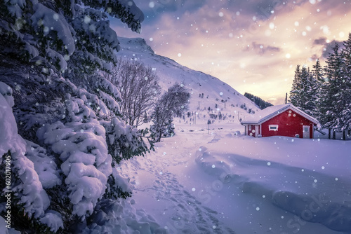 Winter wonderland in the Lofoten Islands. Winter's Tale during sunset. Red Norway cottage in a beautiful snow forest. Concept of an ideal resting place. Creative image. © jenyateua