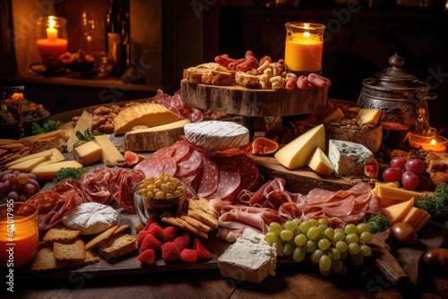 Platter of assorted charcuterie with cheese, meats, and crackers