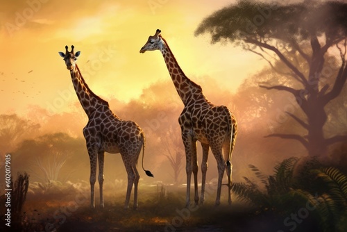 Giraffe savannah sunset. Generate Ai photo