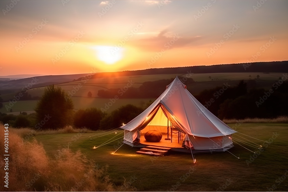 Luxury Tent Camping in Nature with Sun and Beautiful Landscape Outdoors. Generative AI illustrations.