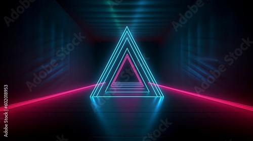 There is a central light element in the form of a triangle or pyramid with neon lighting. Generative AI
