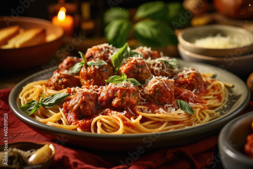 Spaghetti and meatballs with marinara sauce and parmesan cheese