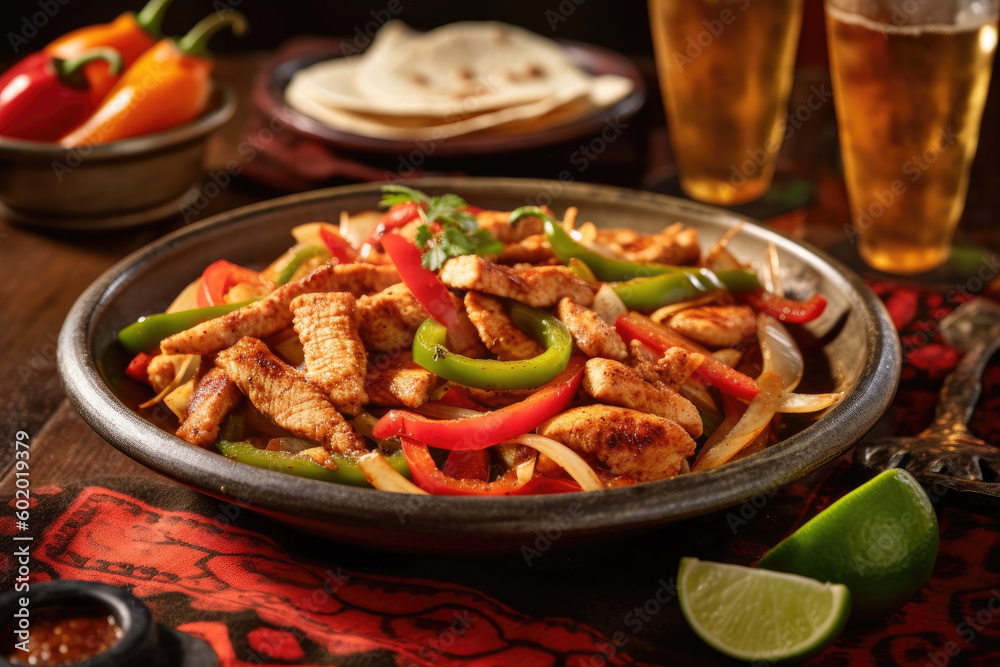 Plate of chicken fajitas with bell peppers and onions Plate of chicken fajitas with bell peppers and onions