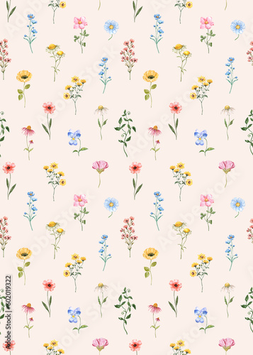 Watercolor floral seamless pattern. Cute botanical print features summer wildflowers on a pastel pink background. Botanical wallpaper.
