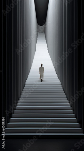 A woman is walking down a white staircase. AI generative