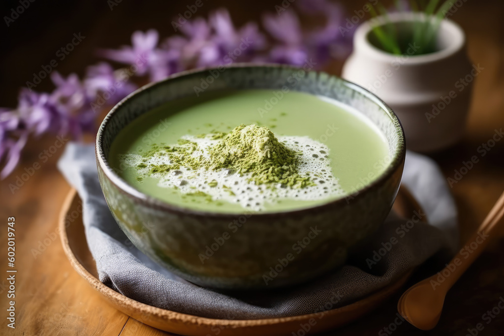 Bowl of creamy matcha green tea latte with frothy milk and a sprinkle of matcha powder Bowl of creamy matcha green tea latte with frothy milk and a sprinkle of matcha powder