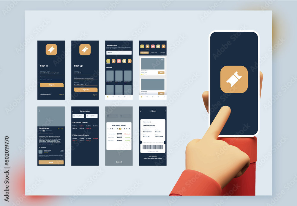 Movie Ticket Booking App Ui and Ux Screen Layouts. Colorful Gradient ...