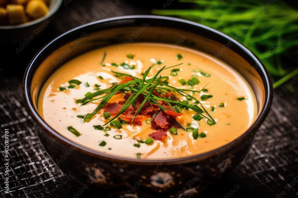 Bowl of creamy lobster bisque with a sprinkle of chopped chives
