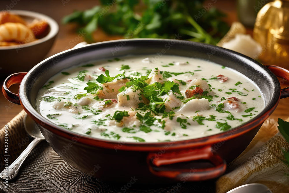 Bowl of creamy clam chowder with a sprinkle of chopped parsley