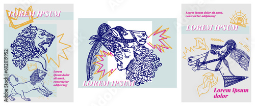 Recursos graficos de tres diseños con inspiracion de mesopotamia. Ilustraciones reales de esculturas clasicas de línea para estampados de camisetas, carteles, pegatinas,