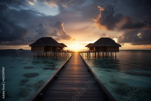 Maldives ocean beach sunset. Generate Ai