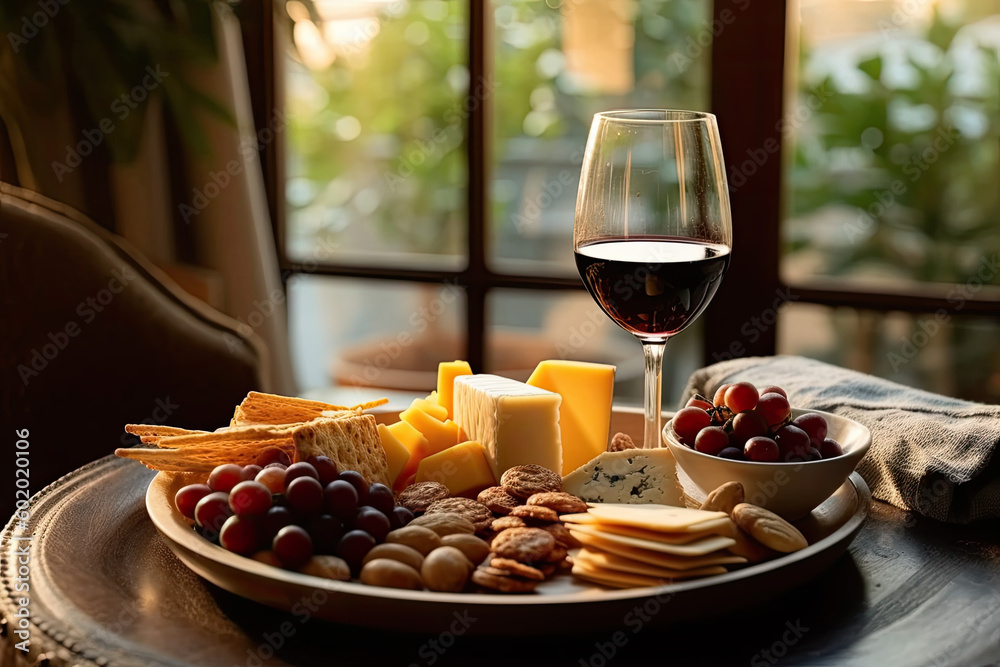 Tray of assorted cheese and crackers with a glass of red wine