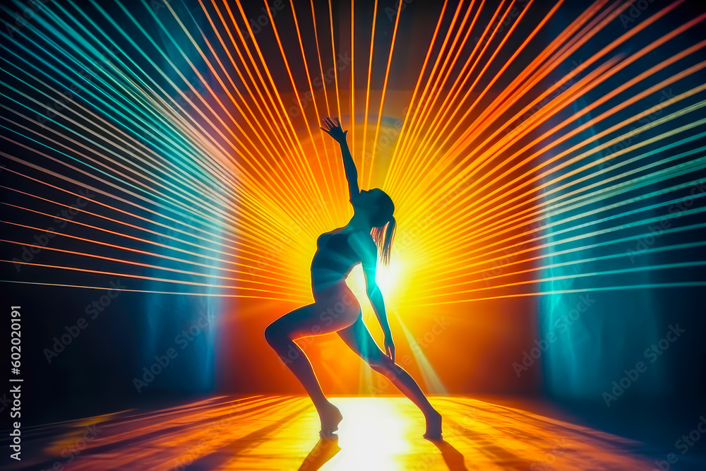 a dancer expressive form music with colorful rays background, generative ai