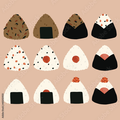 a hand drawn vector illustration set of onigiri rice balls, ideal for Japanese theme artwork, post card, printing and greeting card
