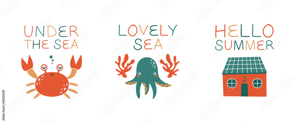 Set of cartoon childish illustration with sea, ocean animals, beach house, crab, coral, octopus. Hello summer concept. Simple funny clip arts with underwater dwellers. For kid's logo, card, banner.