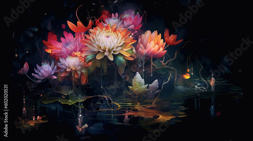Flowers painting, Dark night colorful 
