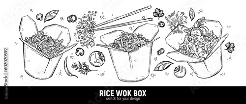 Set of wok boxes. Rice, chopsticks, vegetables and spices. Asian cuisine. Hand drawing sketch.