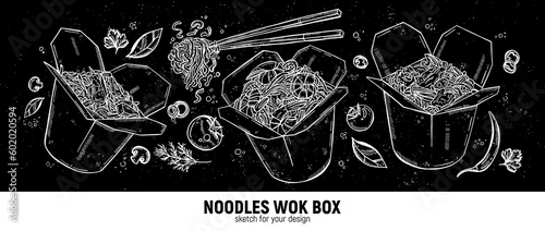 Set of wok boxes. Noodles, chopsticks, vegetables and spices. Asian cuisine. Hand drawing sketch.