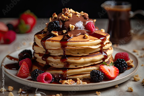 Stack of fluffy buttermilk pancakes topped with fresh berries, whipped cream