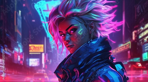 A cyberpunk elf with neon hair and glowing eyes. Fantasy concept , Illustration painting. Generative AI