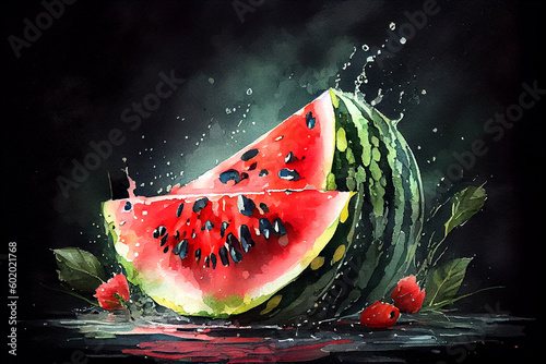 A vibrant and juicy watermelon, set against a dark background, showcasing the vivid colors and refreshing appeal of this summertime fruit, generative ai