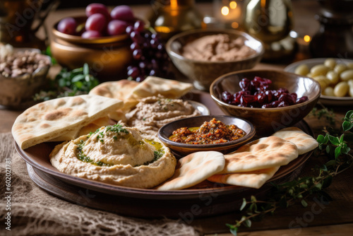 Mediterranean mezze with hummus, baba ghanoush, olives, and pita bread