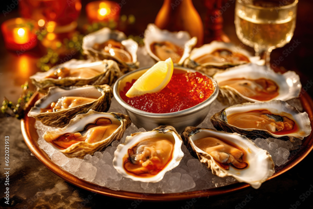 Platter of freshly shucked oysters with lemon wedges and cocktail sauce