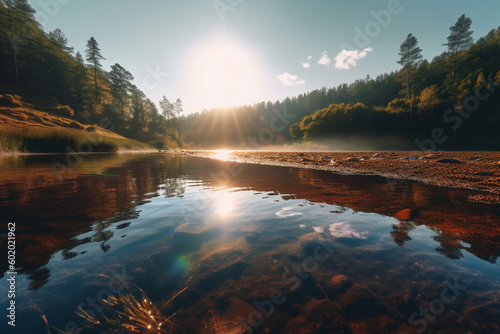 Lake, crisp radiant reflections, sunlight gleaming. AI generative © SANGHYUN
