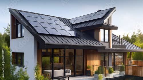 Solar panels on the roof of a beautiful modern home