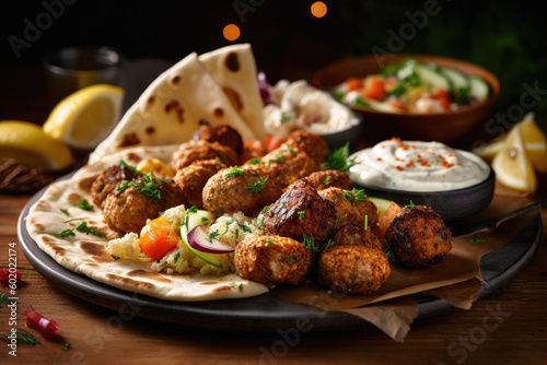 Platter of crispy falafel with hummus, tzatziki, and pita bread