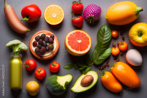 Flay lay of natural and healthy food. Generative Ai