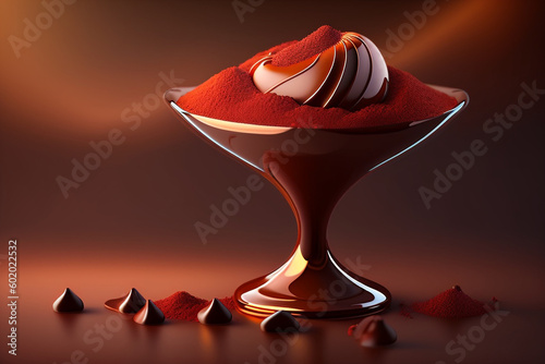 A bowl of red powdered red cocoa powder sits on a brown table. World Chocolate Day. Generative Ai