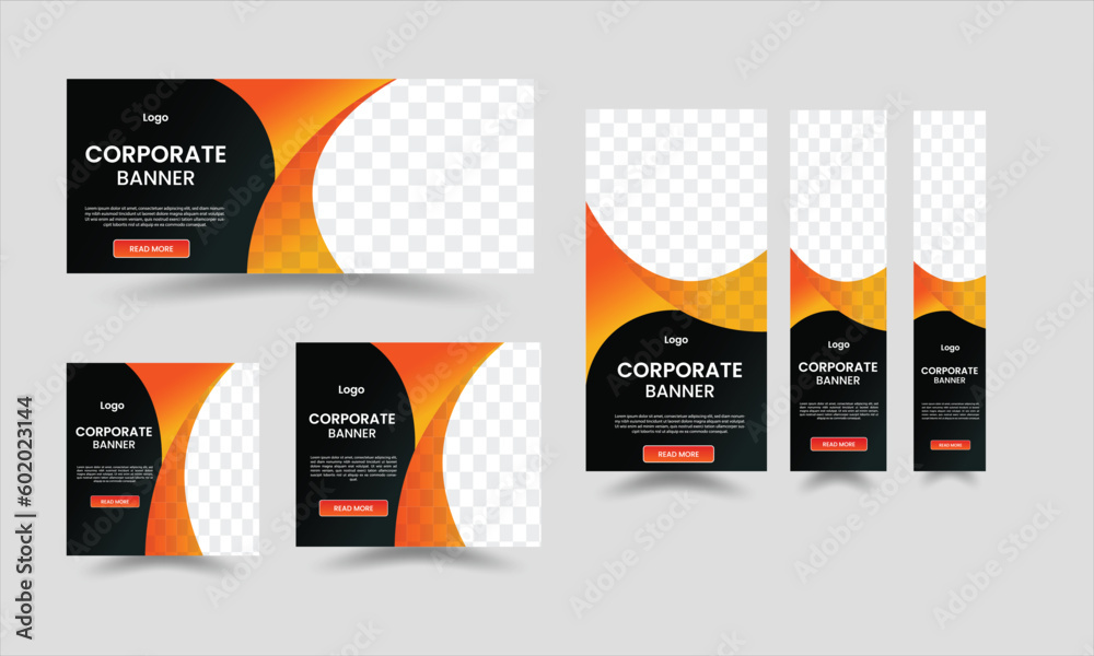 Modern abstract banner design ,web template set, business banner design, horizontal header web banner, black & yellow orange, social media cover ads banner, flyer, invitation card set of web banners.