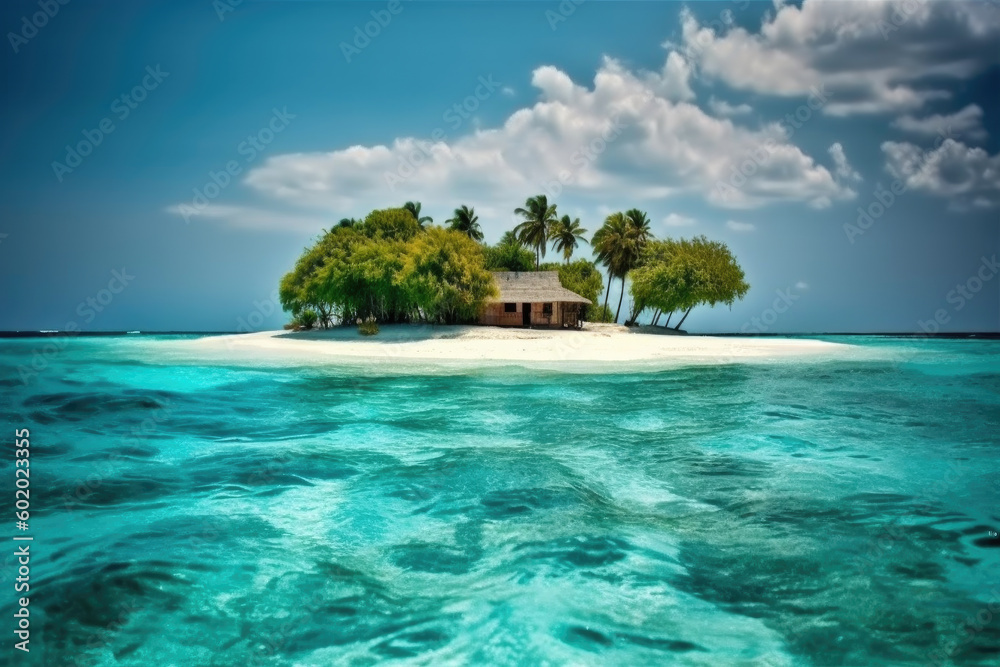Beautiful tropical island with palm trees and bungalow in turquoise ocean against blue sky with clouds on sunny summer day, created with Generative AI