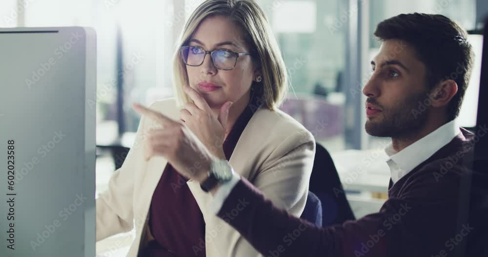 Consulting, research or business people on computer in office for collaboration, strategy review or planning schedule agenda. Teamwork or man and woman data analysis, company growth or creative idea