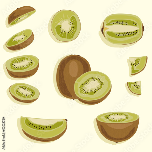 A set of kiwi berries whole and cut. Tropical fruits. Vector fruit icons.