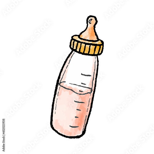 Hand-drawn watercolor illustration of pink baby bottle. Sippy cup with milk in doodle style.