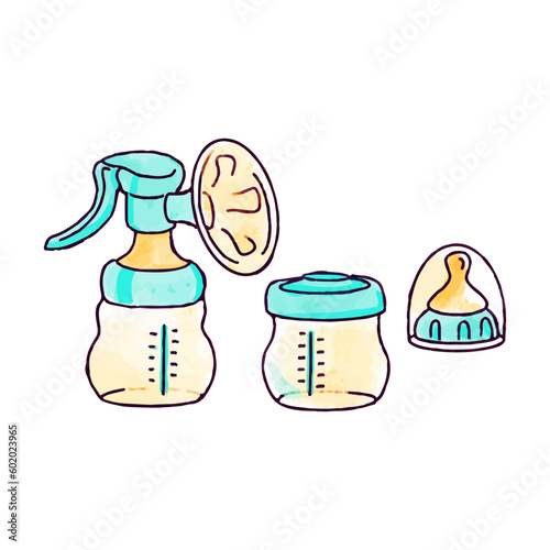 Hand-drawn set of breast pump and pacifier in doodle style. Watercolor illustration of baby feeding equipment.